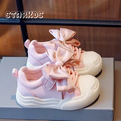 Oversize Satin Silk Bowknot Shoes Girls Brand Design Sweet Pink Chunky Sneakers Kids Round Toe Thick Sole Casual Travel Zapatos