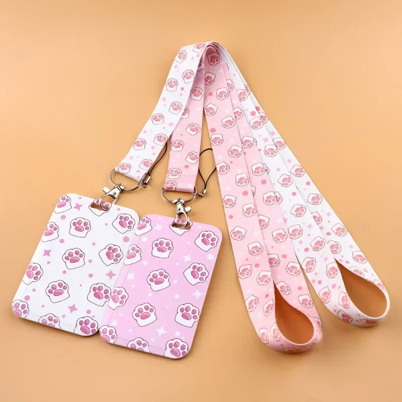 Cute Cat Paw Pass ID Card Holder Lanyard Set for Staff Girls Nylon Neck Strap Working Permit Case Exhibition Name ID Card Sleeve