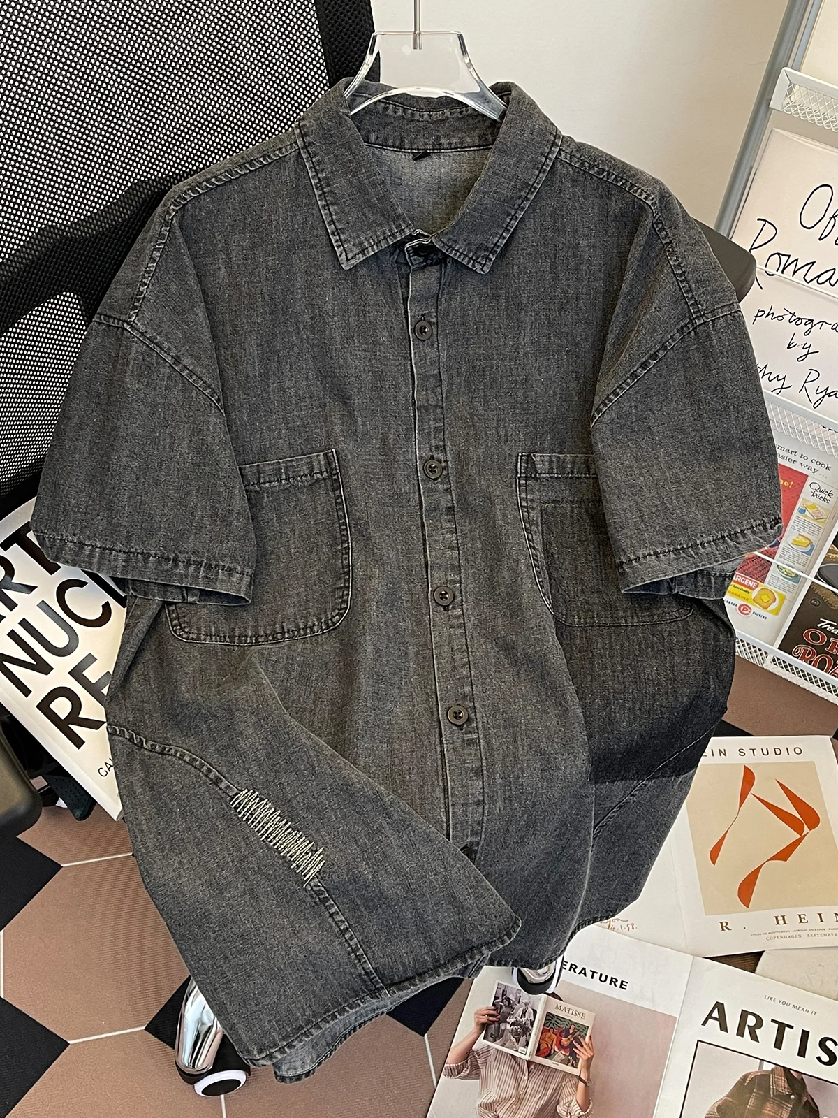 

Summer Thin Waed Denim ort Sve irt Men Retro Casual Trendy Japanese Sle Youth Travel Scenarios Loose Fit Button De...