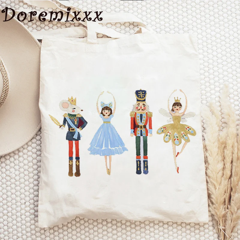 Women Canvas Shoulder Bag Christmas Nutcracker Ladies Handbag Tote Bags Reusable Large Capacity Shopping Sugar Plum Fairy Bag