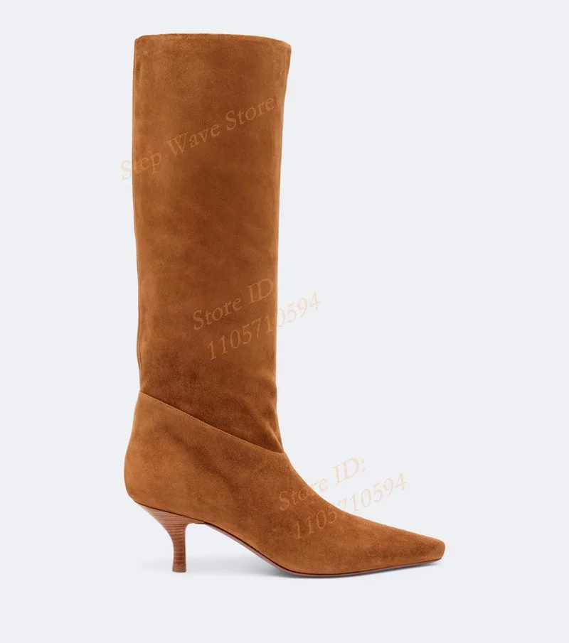 Suede Brown Knee High Boots Kitten Heel Slip On Small Square Toe Handmade 2026 Trending Winter Autumn Shoes New Arrivals