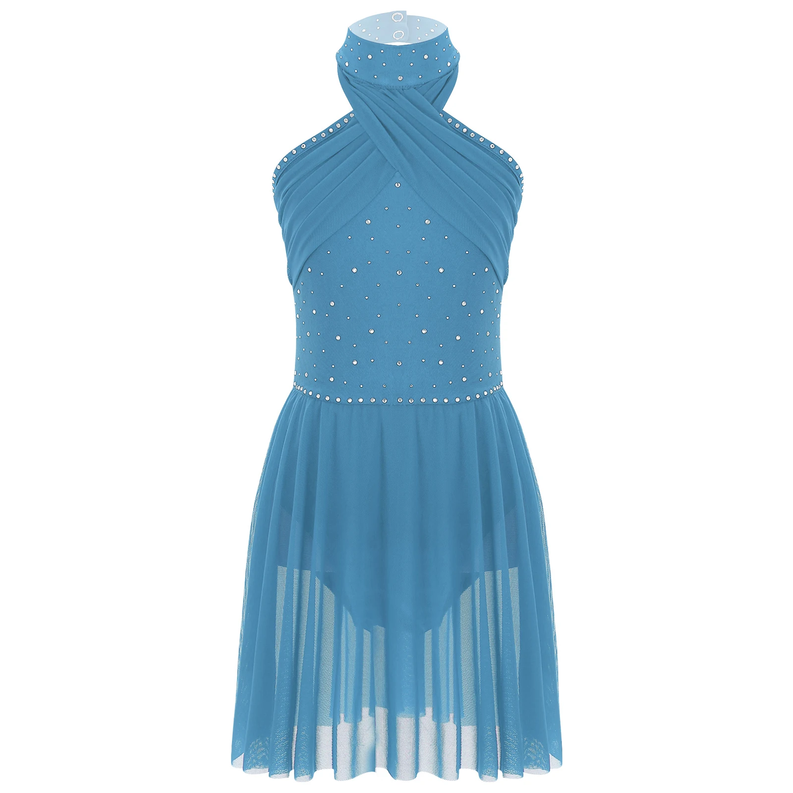

Kids Girls Lyrical Dance Dresses Shiny Rhinestones Cross Mesh Patchwork Sleeveless Leotard Dress Stage Performance Dancewear
