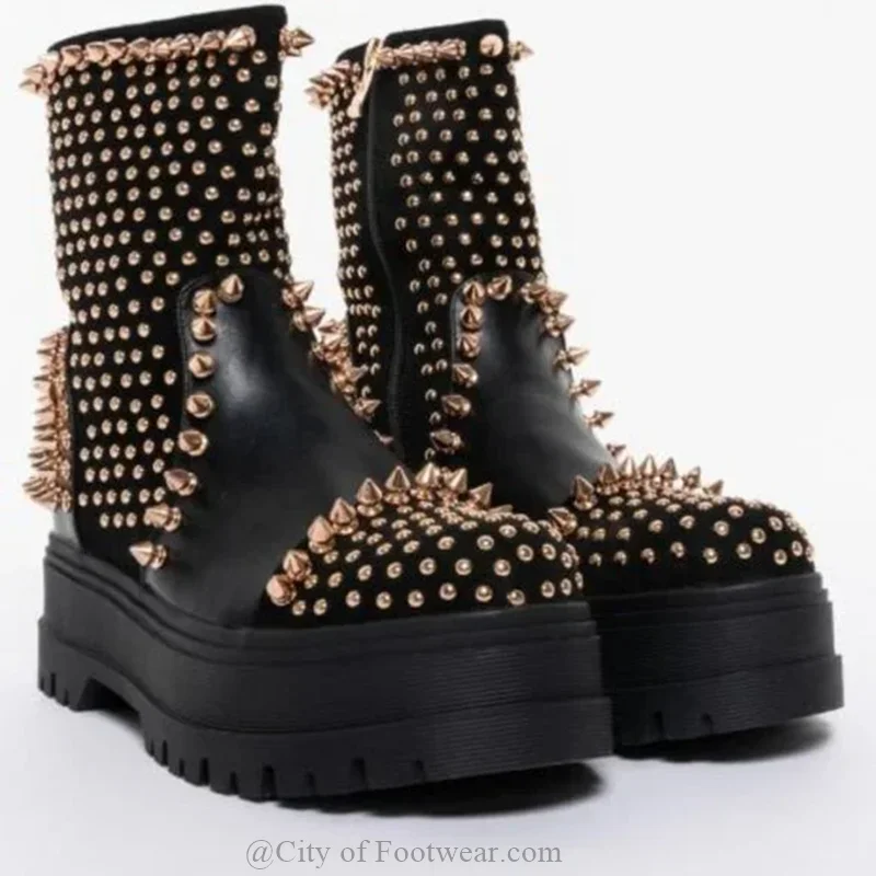 Black Studded Leather Ankle Boots Women Spike Round Toe Highten Shoes Comfy Gold Rivets Big Size Luxury Designer Shoes