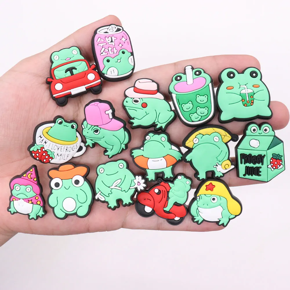 New Arrival 1-15Pcs Shoes Charms Cartoon Animal Cute Green Little Frog PVC Slipper Accessories For Birthday Gifts