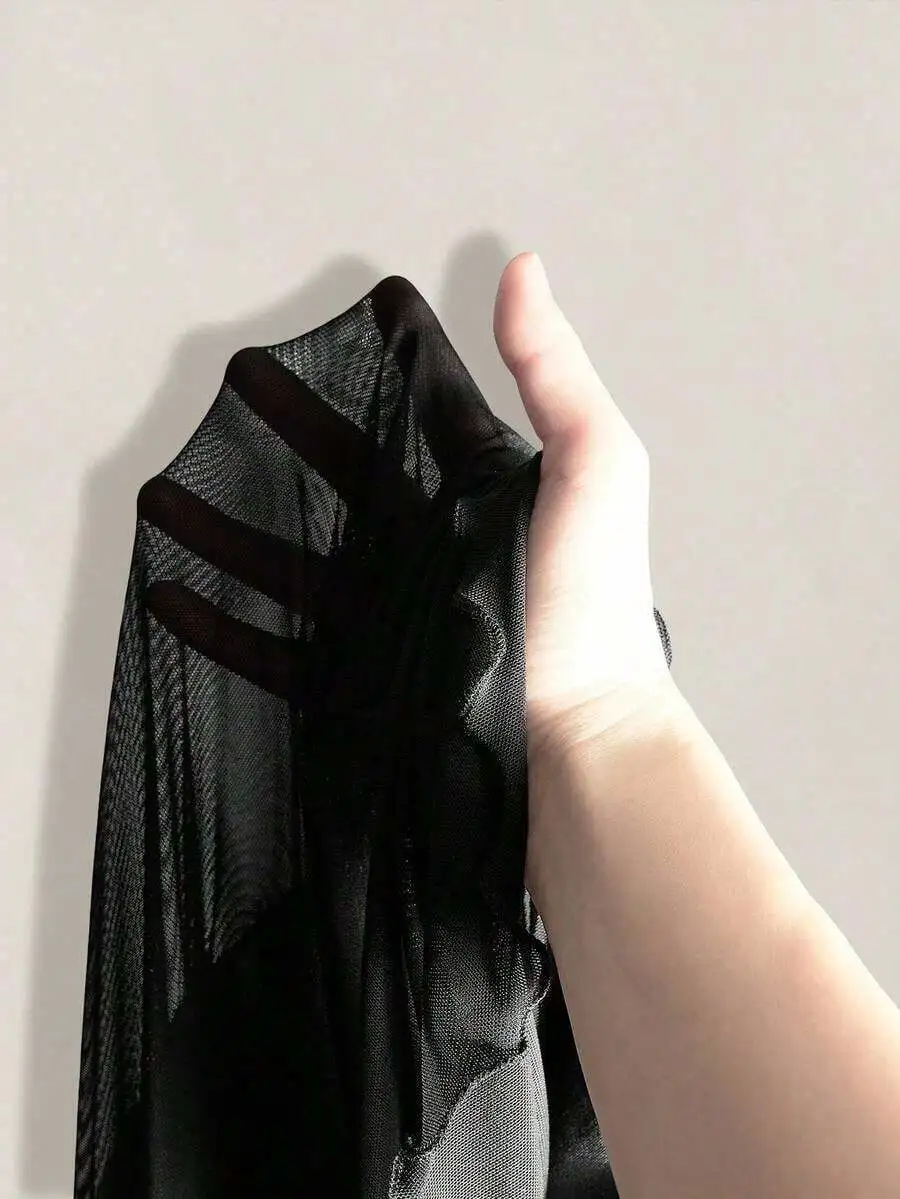 

Black Mesh V-Neck Ruffled Sleeve Slim Fit Dress For Women