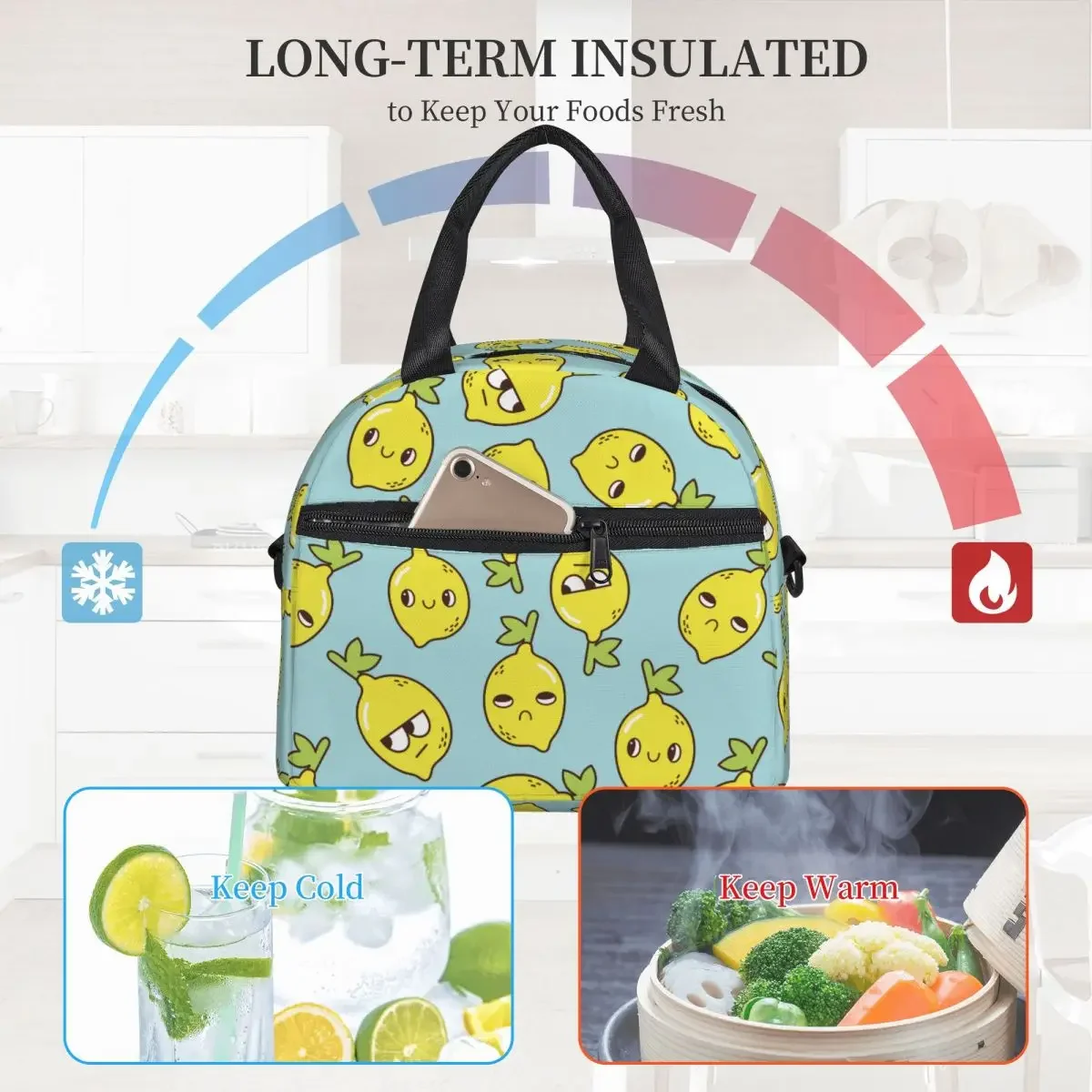 Sacs à lunch isothermes citrons Kawaii mignons avec sangle initiée réglable, sac alimentaire, grande capacité, glacière, boîtes à lunch thermiques