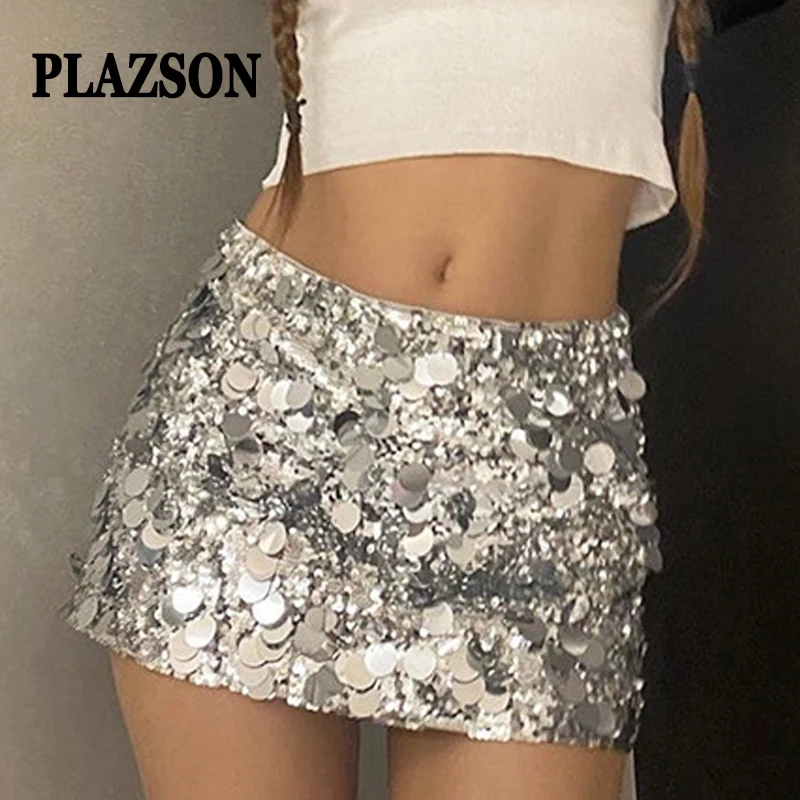 PLAZSON Summer Sequined Mini Skirts Women Low Waist Shiny Sequins Glitters Bodycon Skirt Club Party Short Skirt Chic Streetwear