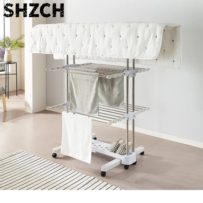 4-section multifunctional stainless steel mobile folding clothes rack double-rod wing storage drying rack