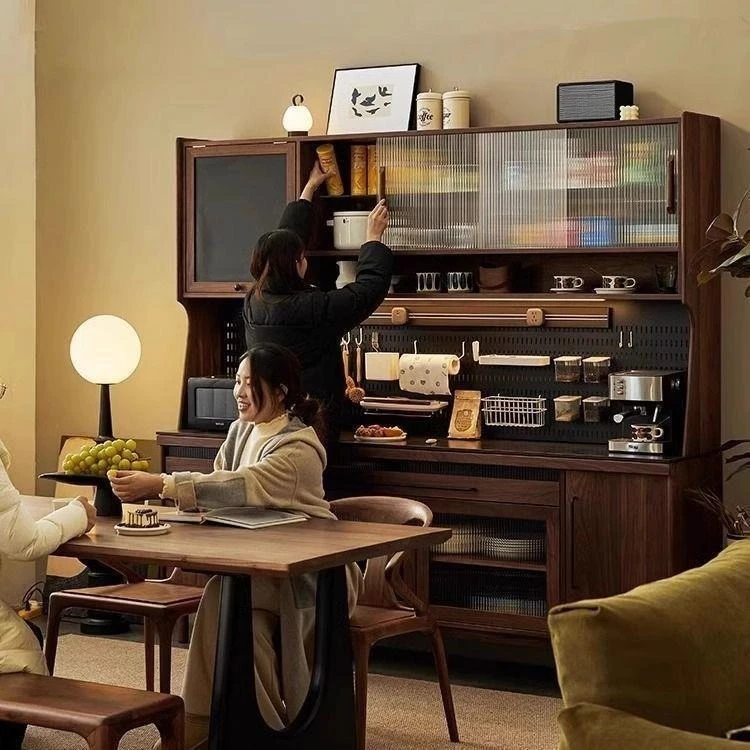 Solid wood walnut color dining side cabinet large size locker hole board integrated against the wall kitchen tea cabinet