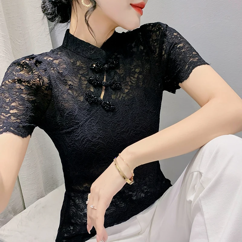 Summer 2023 Lace Shirt Women Chinese Style Vintage T-shirt Stand Collar Frog Buttons Qipao Design Tops Tee Short Sleeve 32921