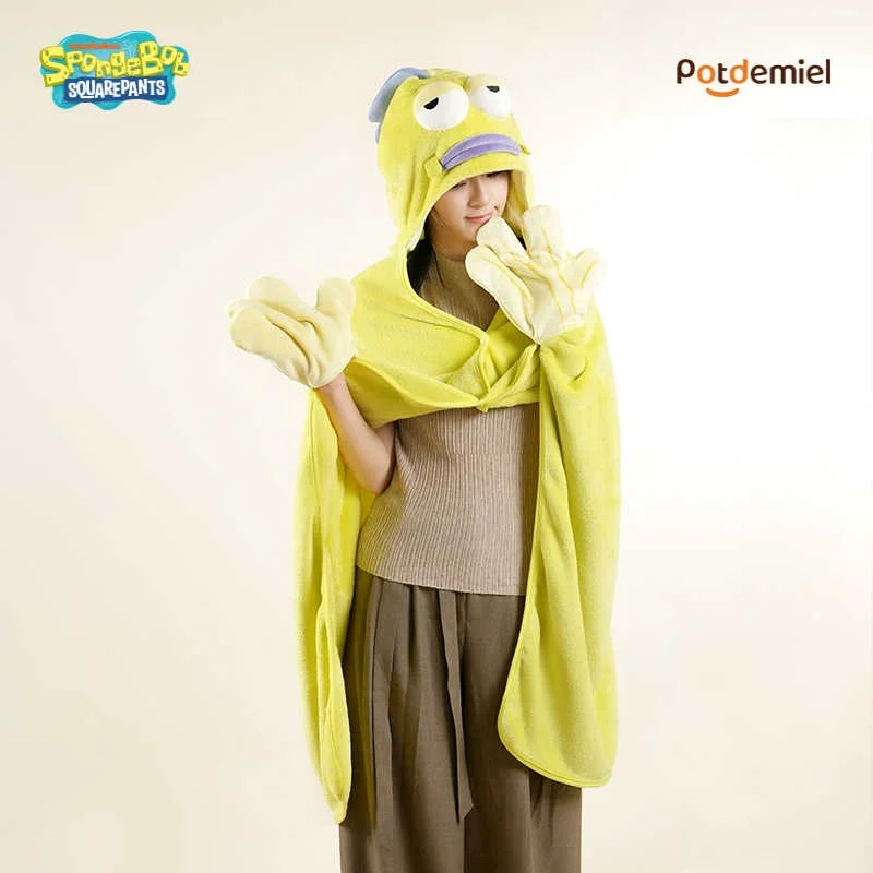 Potdemiel Spongebob Passerby Fish Hooded Blanket Anime Peripheral Plush Shawl Soft Warm Nap Throw With Gloves  Cartoon Gift