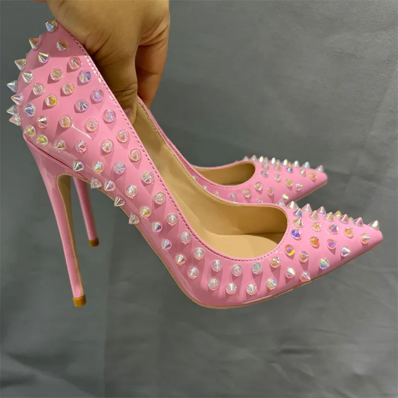 Heelgoo Shiny Spikes Women Patent Pink Pointy Toe Sexy High Heel Party Shoes Rivets Studs Ladies Slip On Stiletto Pumps 8-12cm