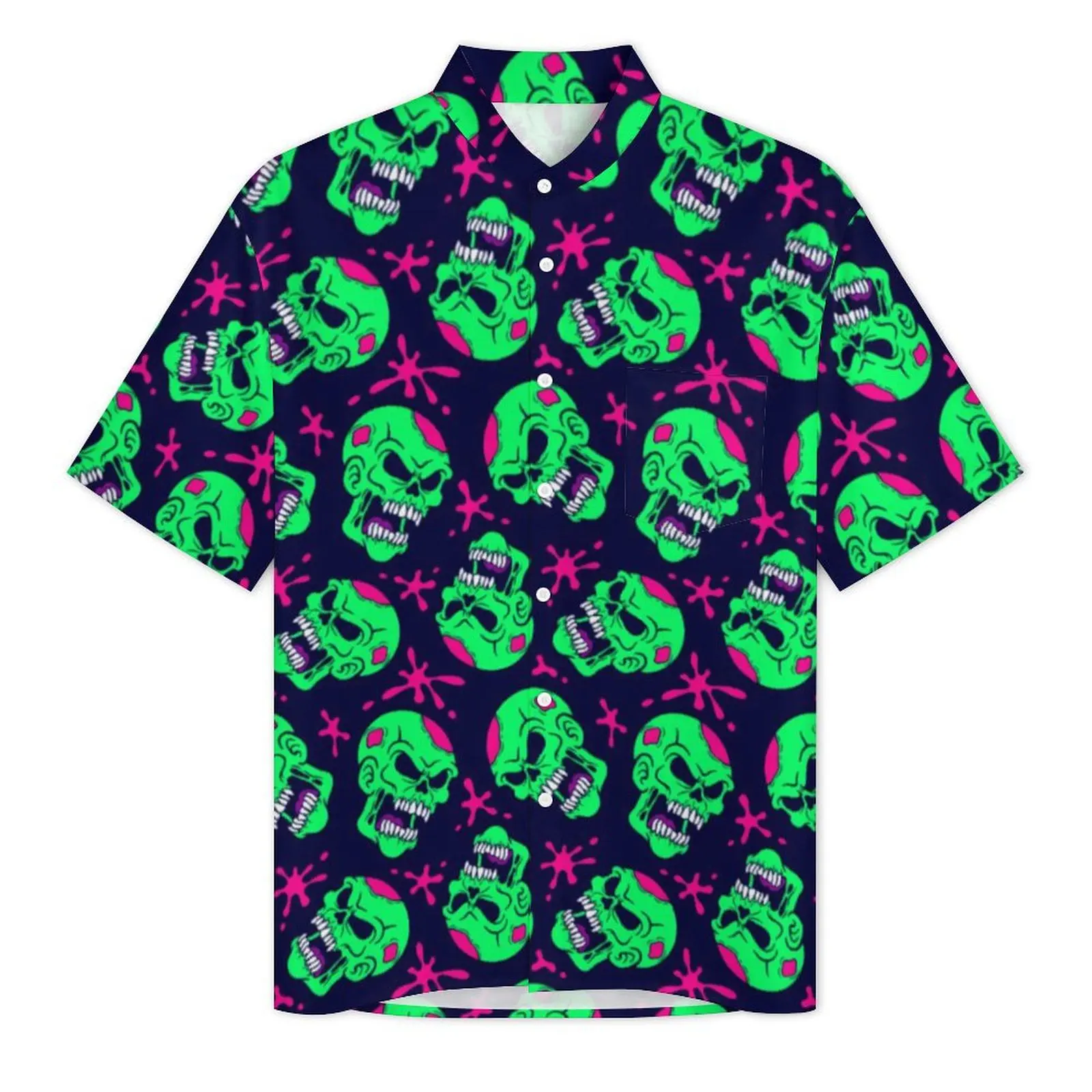 Neon Zombie Skull Casual Shirt Abstract Print Loose Hawaiian Shirts Men Short Sleeves Beach Y2K Fashion Oversized Blouses