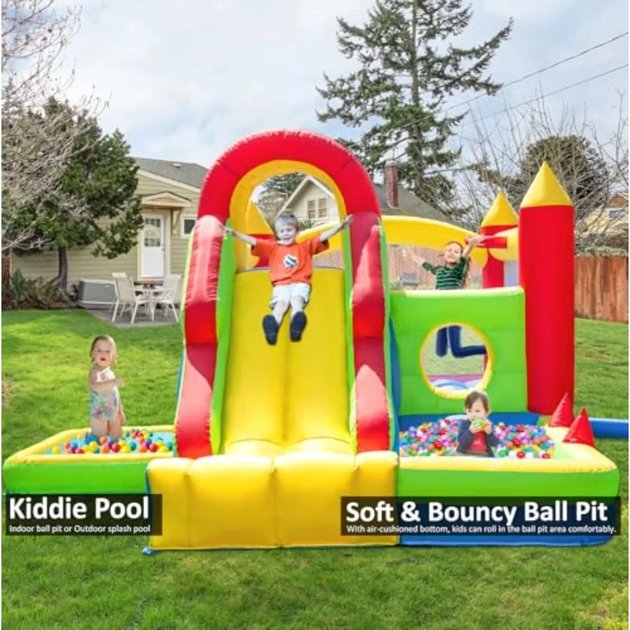 Casa grande de salto para crianças grandes – Parque infantil inflável com escorregador alto, parede de escalada, piscina de água, poço de bolinhas saltitantes, túnel, rin