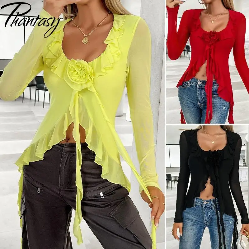 Phantasy Y2K Long Sleeve Shirt Slim Solid Lace Blouse Fashion Music Festival Ball Top Party Sexy Red Tees Women Streetwear