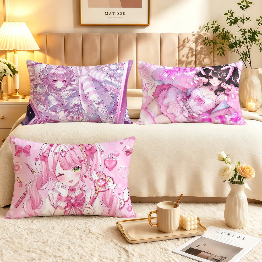 Pink Cute Anime Girl Y2k Art Kawaii Cushion Cover Soft Rectangle Home Sofa Living Room Decor Dorm Bedside Hogar Pillowcase Gift
