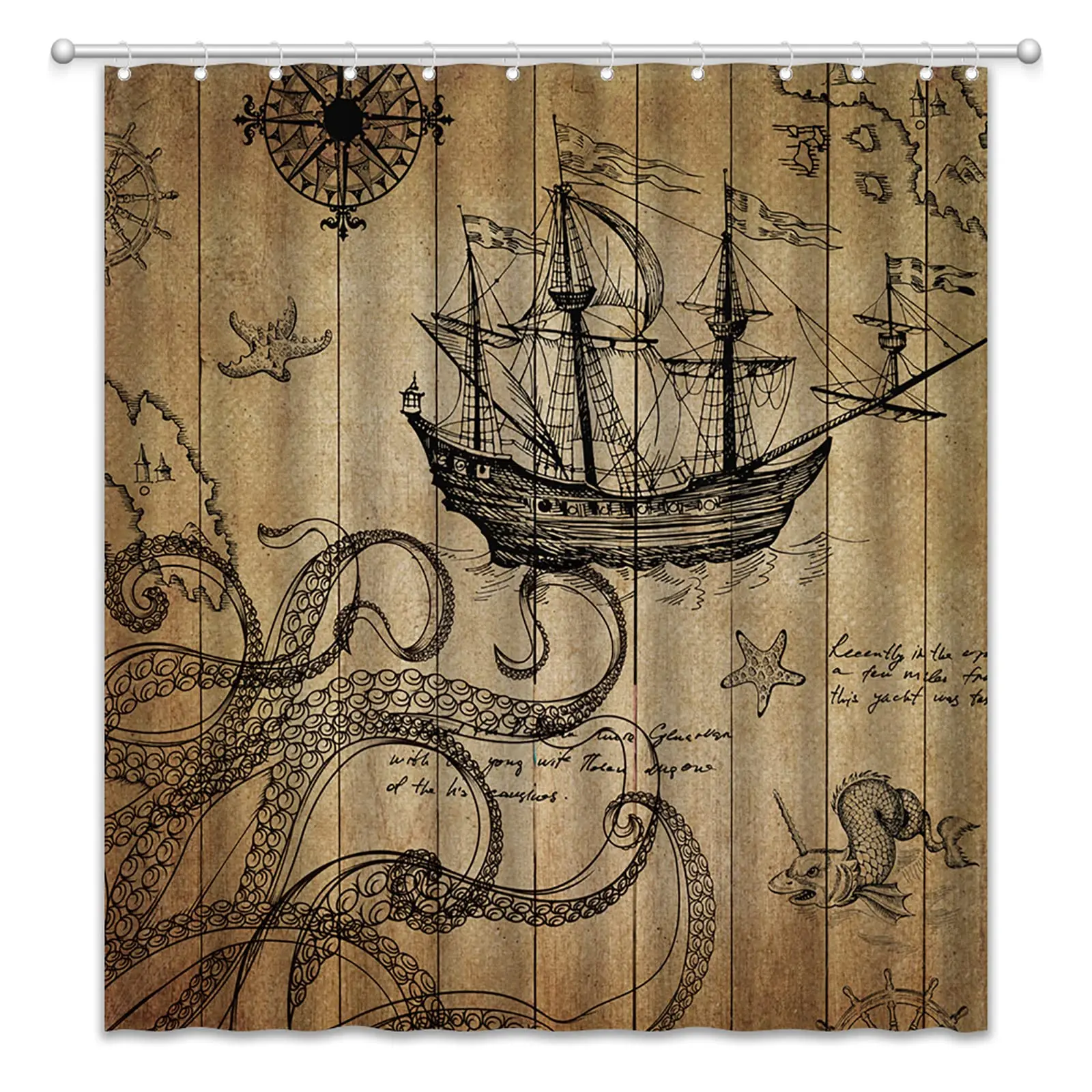 Nautical Island Map Shower Curtains,Vintage Old Map Pirate Ship Decor Polyester Ocean Ancient Pirate Treasure Map Shower Curtain