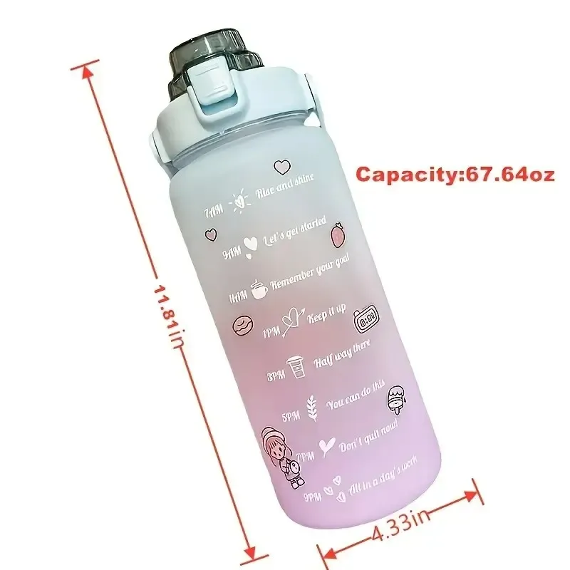 2L Colorful Frosted Water Bottle With Straw And Cute Sticker Kawaii Motivational Time Marker Sport Workout Portable Drinking Cup