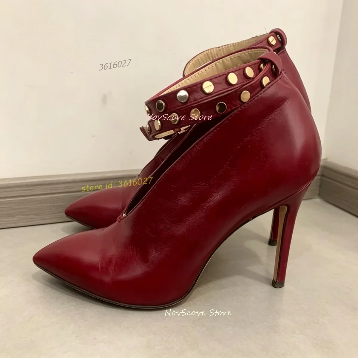 Pointy Toe Red Pumps Stiletto High Heels Ankle Wrapped Studded Straps V Collar Pu Leather Sexy Women Autumn Daily Party Pumps