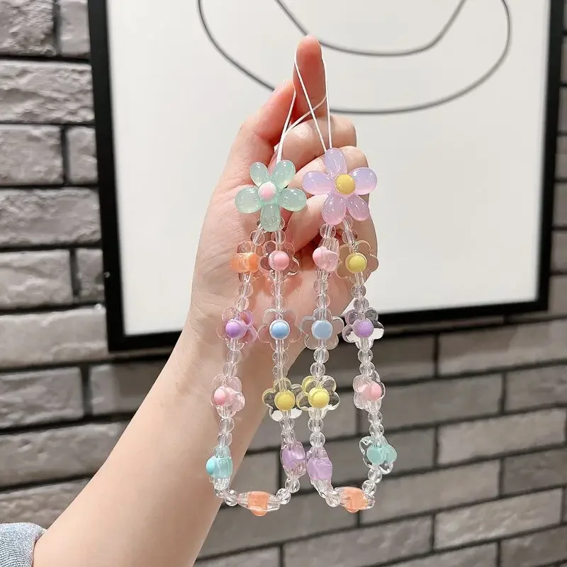 Charm Crystal Flower Beaded Phone Lanyard Wrist Strap Women Girls Fashion Cell Phone Chain For iPhone 11 12 13 14 Airpods Pro