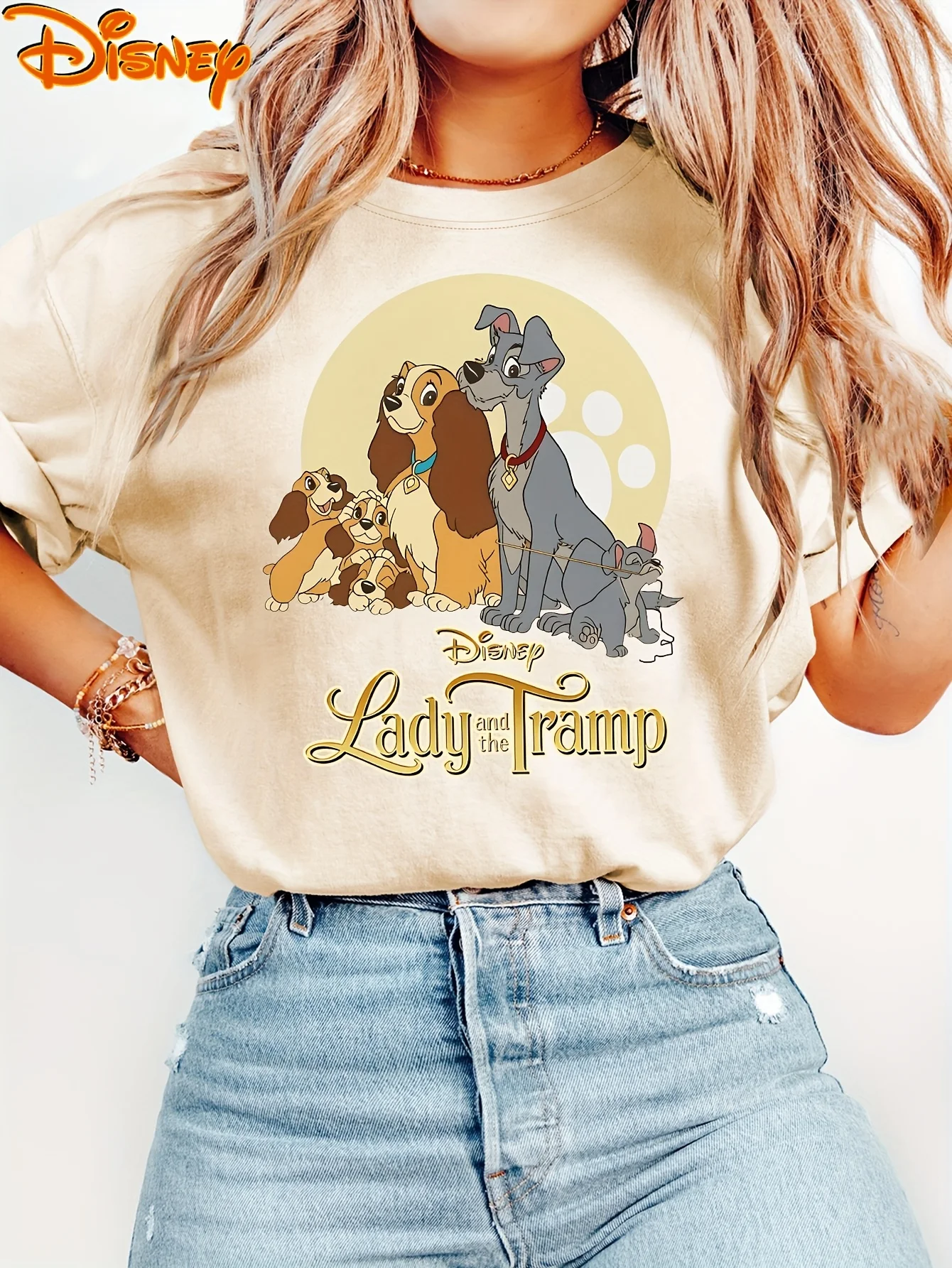 Disney Ladies & Tramp loral Hearts T Shirt Vintage Women's Men Cotton Tee Short Sleeve O-Neck Casual Trendy Oversize Streetwear