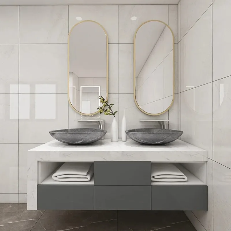 Set di mobili da bagno completi classici di lusso europei, stile shaker, doppio lavabo, grande vanità in legno naturale