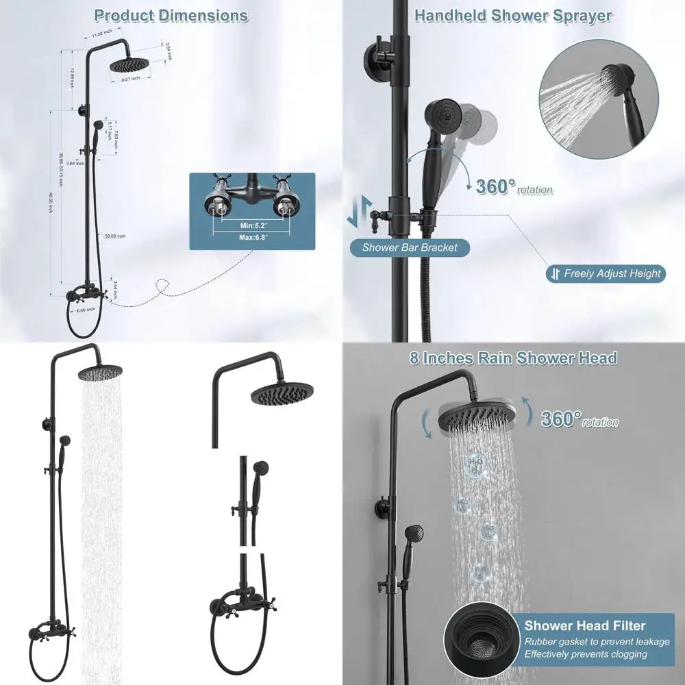 

8-Inch Matte Black Rain Shower with Handheld and Double Handle Wall-Mounted Bath System