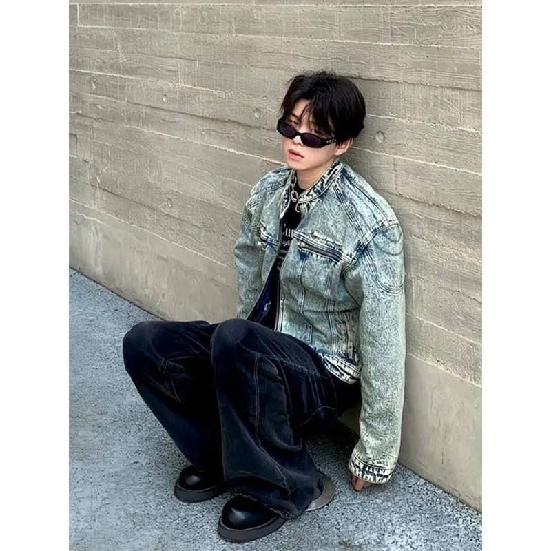 

Retro High Street Blue Denim Jaet Men's Autumn American Vibe Zipper Denim irt Haome Workwear Jaet