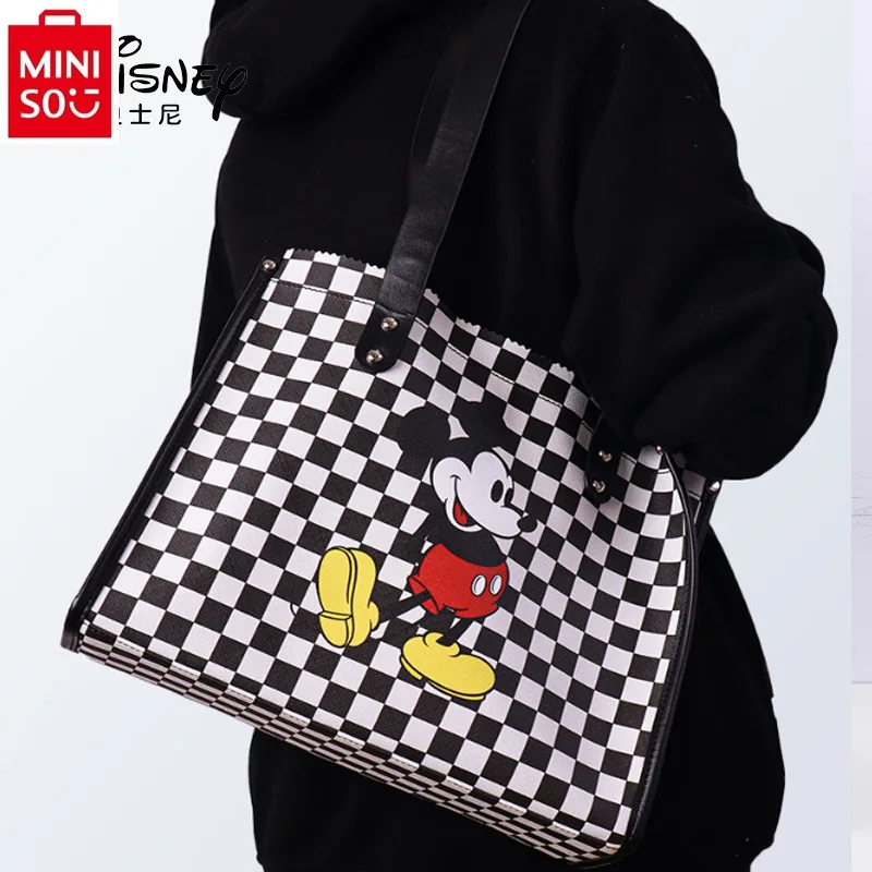 MINISO Disney-Sac à Main à Carreaux pour Femme, Fourre-Tout à Bandoulière Simple, Shopping, Grande Capacité, Haute Qualité, Mode