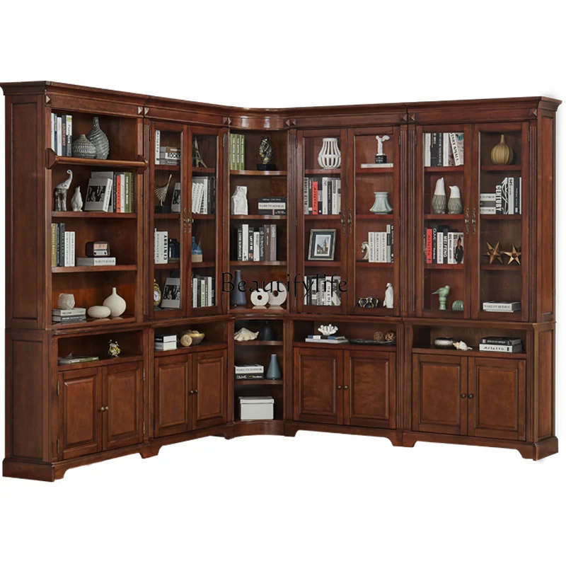 

American-Style Solid Wood Corner Bookshelf with Glass Door Integrated Wall Storage Cabinet Combination