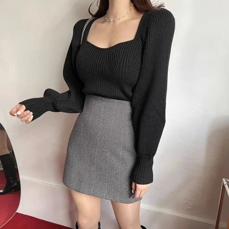 Matakawa Puff Sleeve Autumn Winter Clothes Women Sweaters Solid Korean Fashion Pull Femme Square Neck Sueter De Mujer Tops