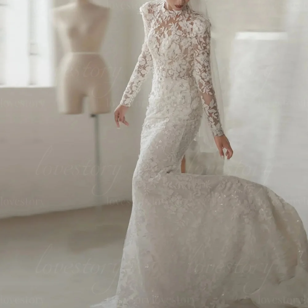 Luxury Lace Wedding Dresses Customized Long Sleeves Modern Bridal Gowns Appliques Mermaid Bride Robes vestido de novia