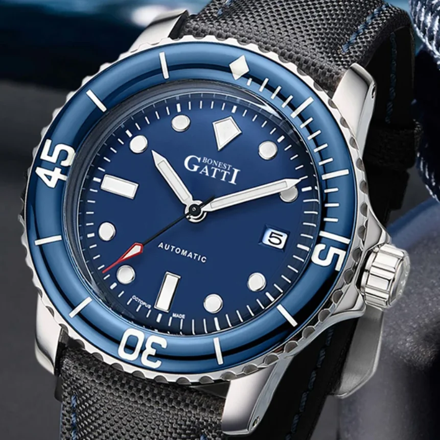 BONEST GATTI Men Automatic Watch 44mm Mechanical Wristwatch Diver 20Bar Waterproof Sapphire Rotation Sapphire Bezel Luminous