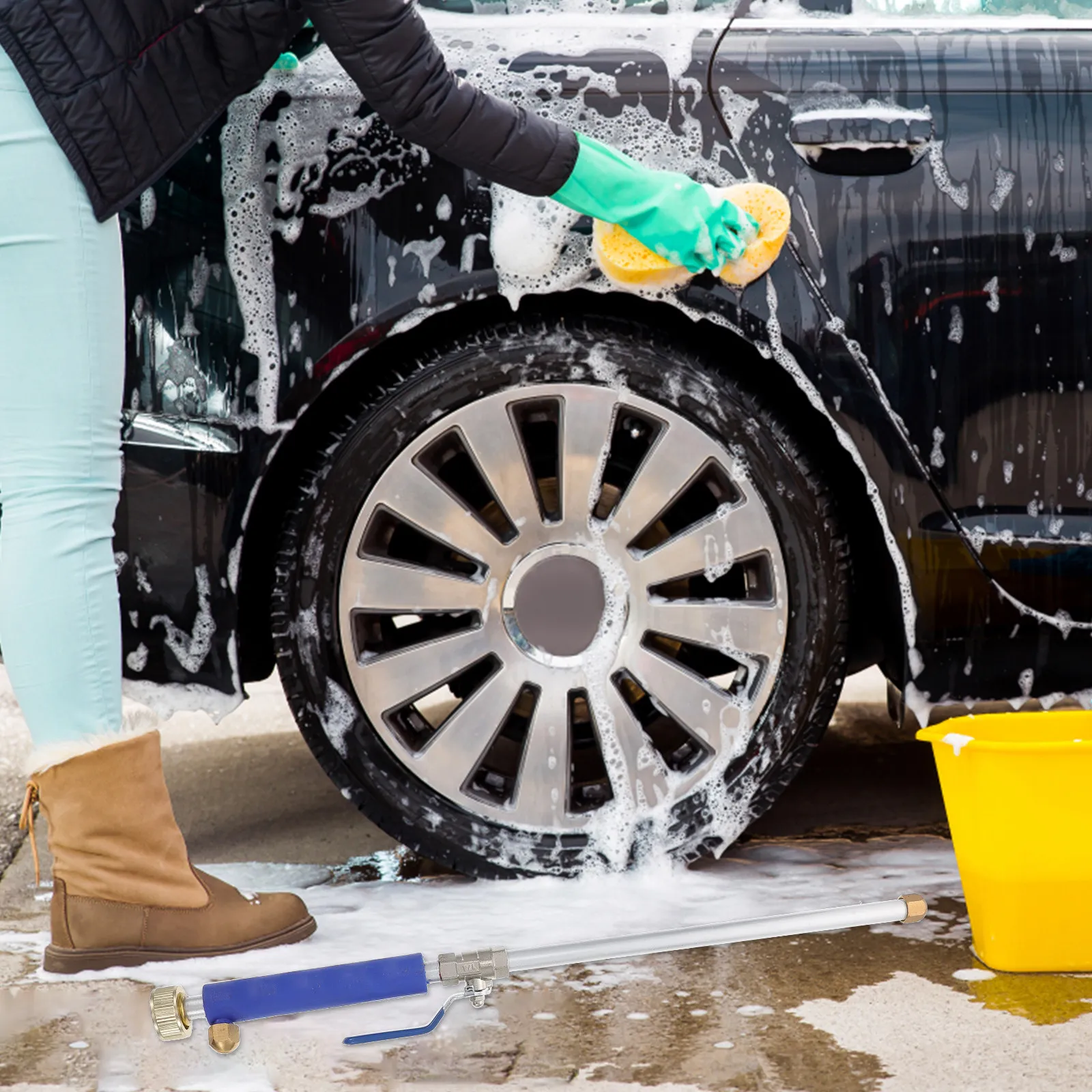 Car Water Gun Tool Blue Handle Extendable Aluminum Wand 3/4” Garden Hose Adapter Jet Fan Tips High Pressure Washer Glass