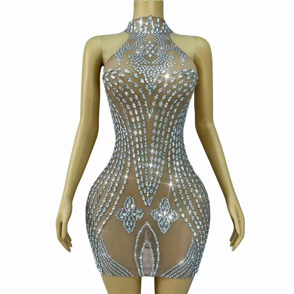

Luxurious Shining Silver Rhinestones Sexy Stage Nude Mesh Dress Women Cocktail Birthday party Evening Outfit Show Stage Costume