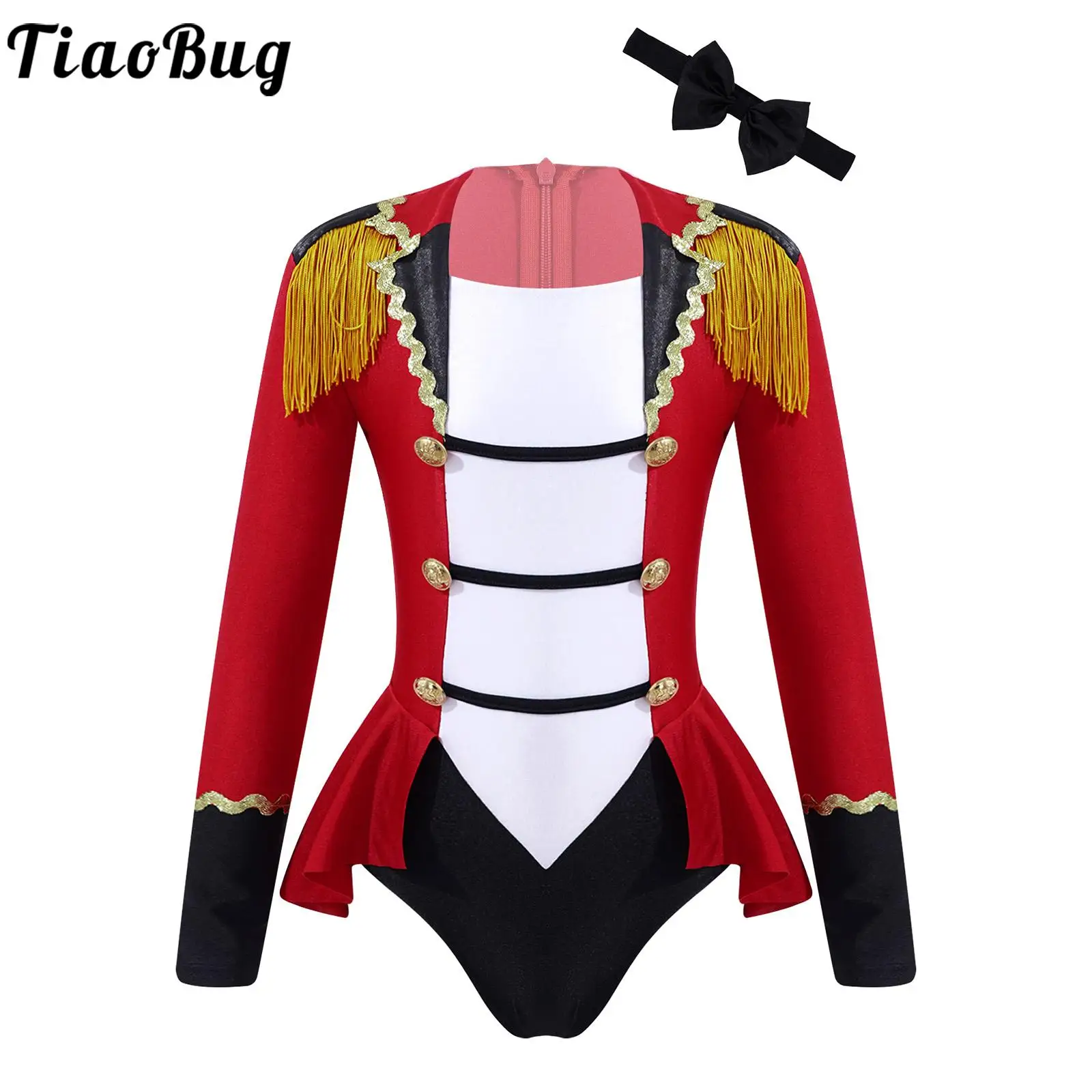 

Kids Girls Circus Costume Long Sleeves Color Contrast Patchwork Leotard Tassel Buttons Adorned Carnival Party Cosplay Jumpsuit