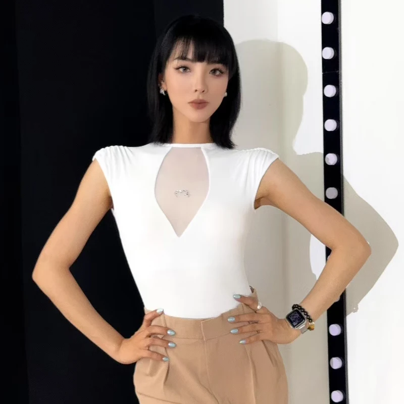 White Black Short Sleeves Samba Ballroom Dance Top Women Rumba Latin Dance Training Tops Adults Modern Dancing Top SL13622