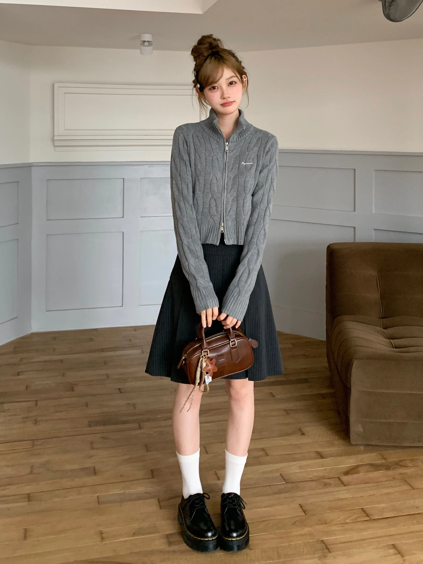 

Tokyo Annual Record JK Autumn Winter Twisted Double Zipper Knitted ort Cardigan Women's Small Size ey Sweater Jaet