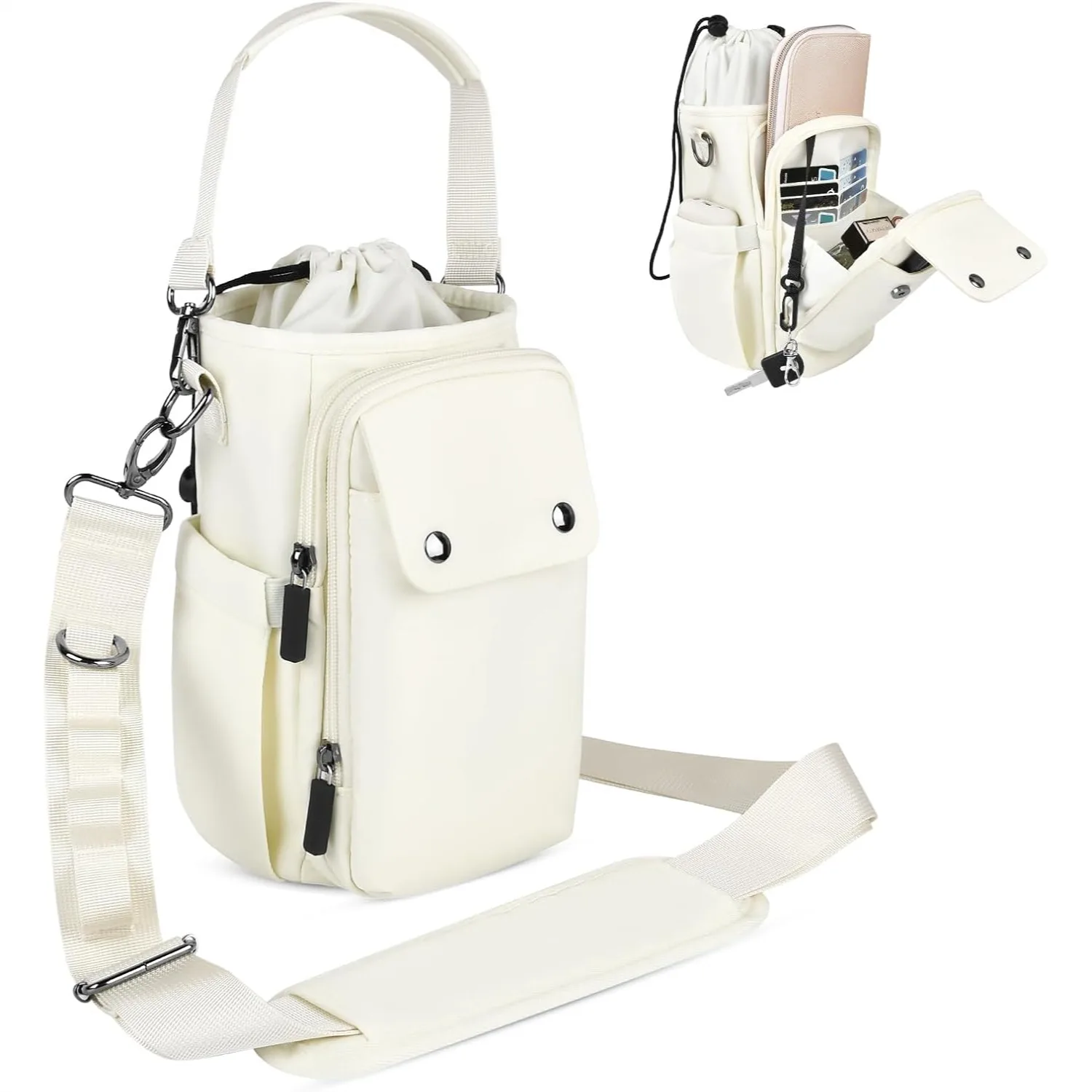 

Insulated Water Bottle Carrier with Strap, Crossbody Sling Bag for 32-40oz Bottles, 5 Pockets Phone Purse for Walking Hiking Gym