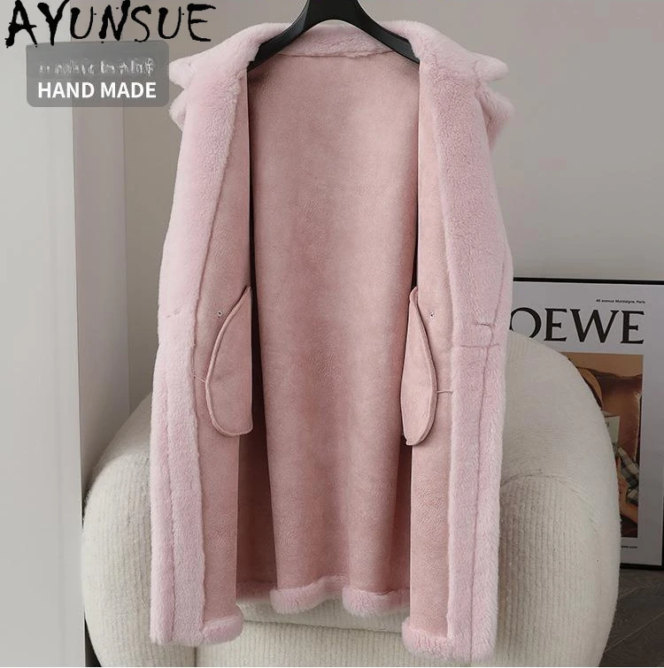 AYUNSUE-abrigo de piel de lana 100% para mujer, abrigos largos de talla grande, abrigo de esquila de ovejas para mujer, ropa de moda de invierno, Fourrure 2025