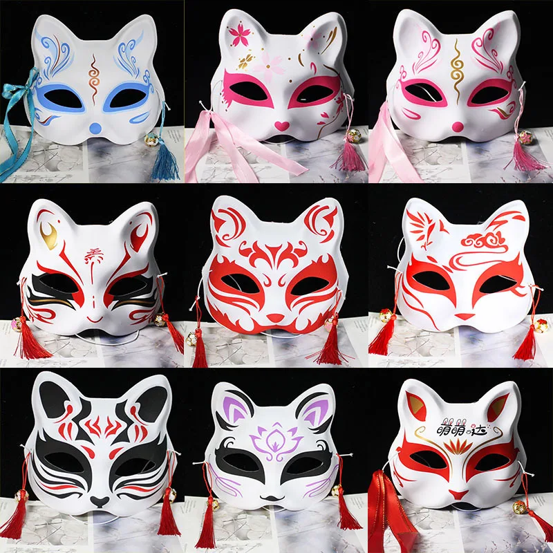 Anime Foxes Mask Japanese Cosplay Rave Hand-Painted Cartoon Demon Slayer Half Face Cat Masks Masquerade Festival Party Props