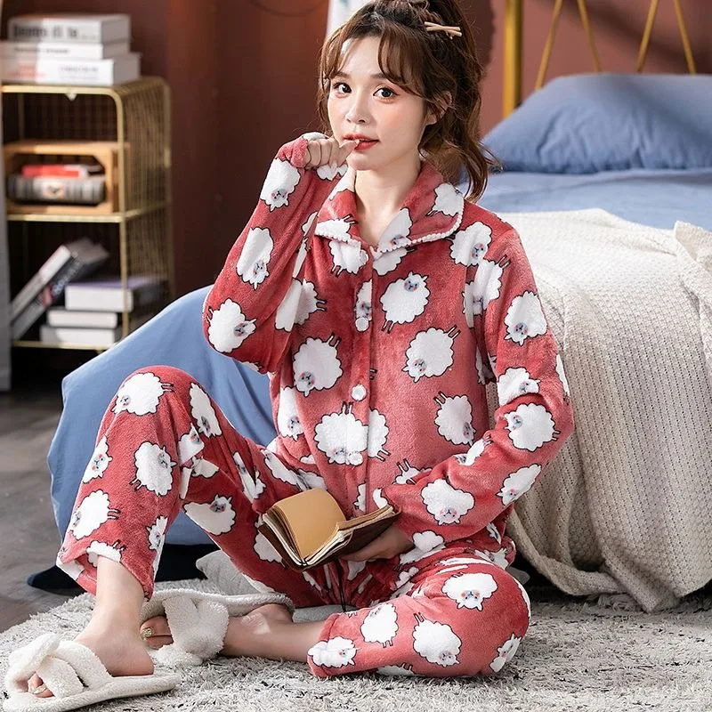 2024 Nieuwe Herfst Winter Flanellen Pyjama Voor Dames Lange Mouwen Oversized Nachtkleding Koraalfluwelen Loungewear Set Schattige V-Hals Homewear