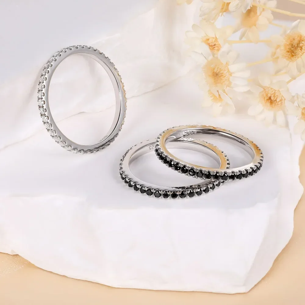 LinkerLove Eternity Black Moissanite Ring Stackable Diamond Wedding Band for Women S925 Sterling Silver Engagement Ring Jewelry