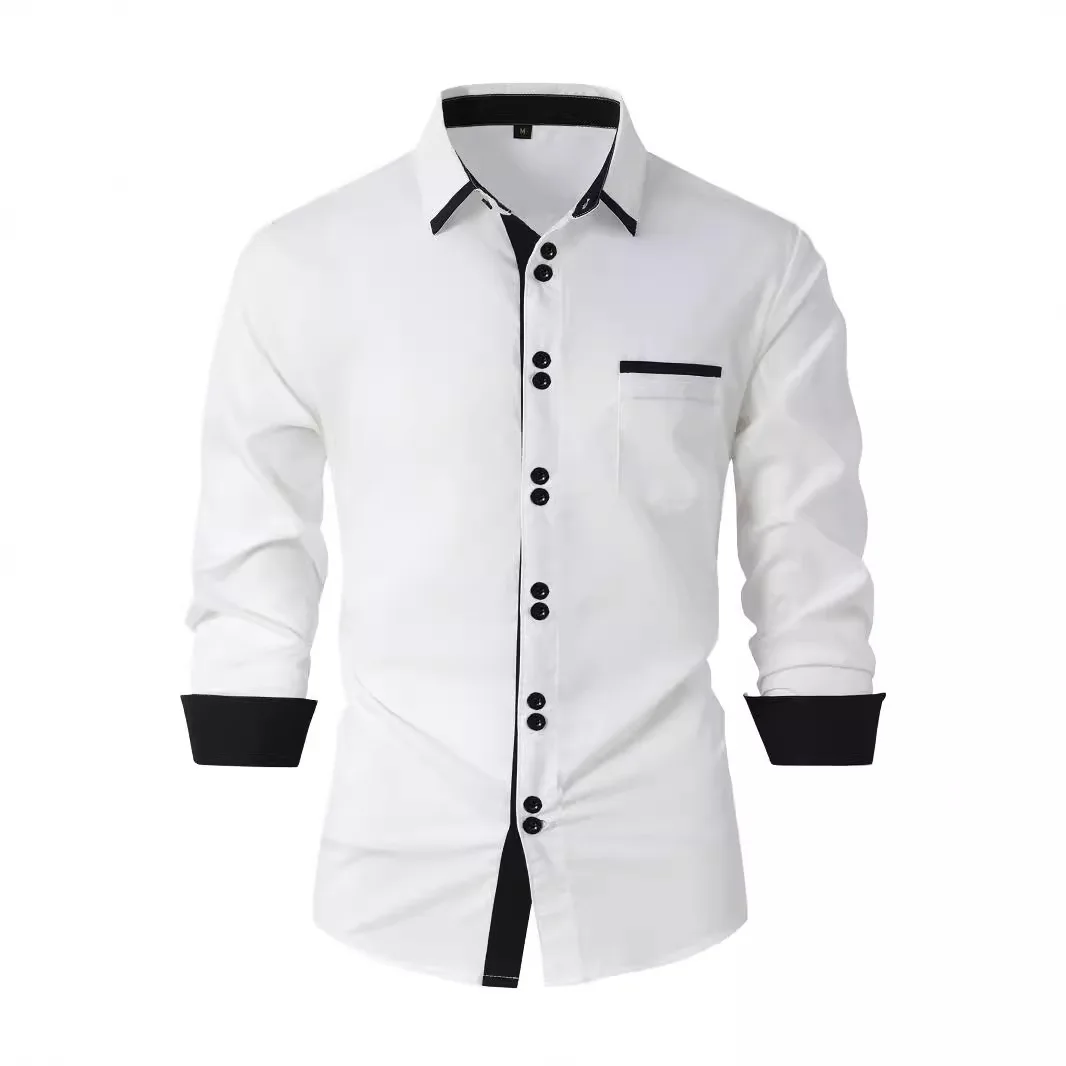 

Spring Autumn Cotton Blend Men's Long Sleeve Shirt Fashionable Business Casual Patchwork Color Collar Stand up Slim Fit Shirt