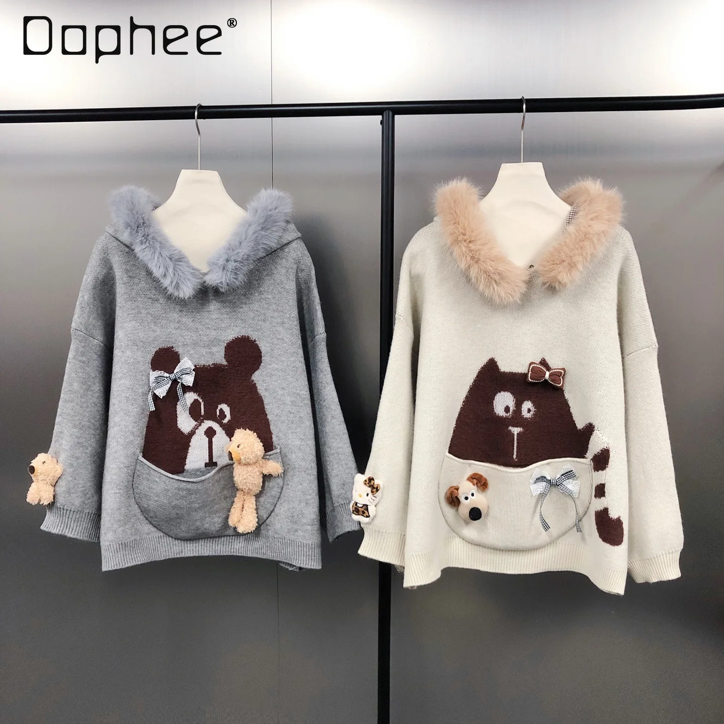 

Japanese Style Loose Pullover Hooded Sweater for Women Autumn Winter Cute Bear Jacquard Pocket 3D Cartoon Decoration Sweaters