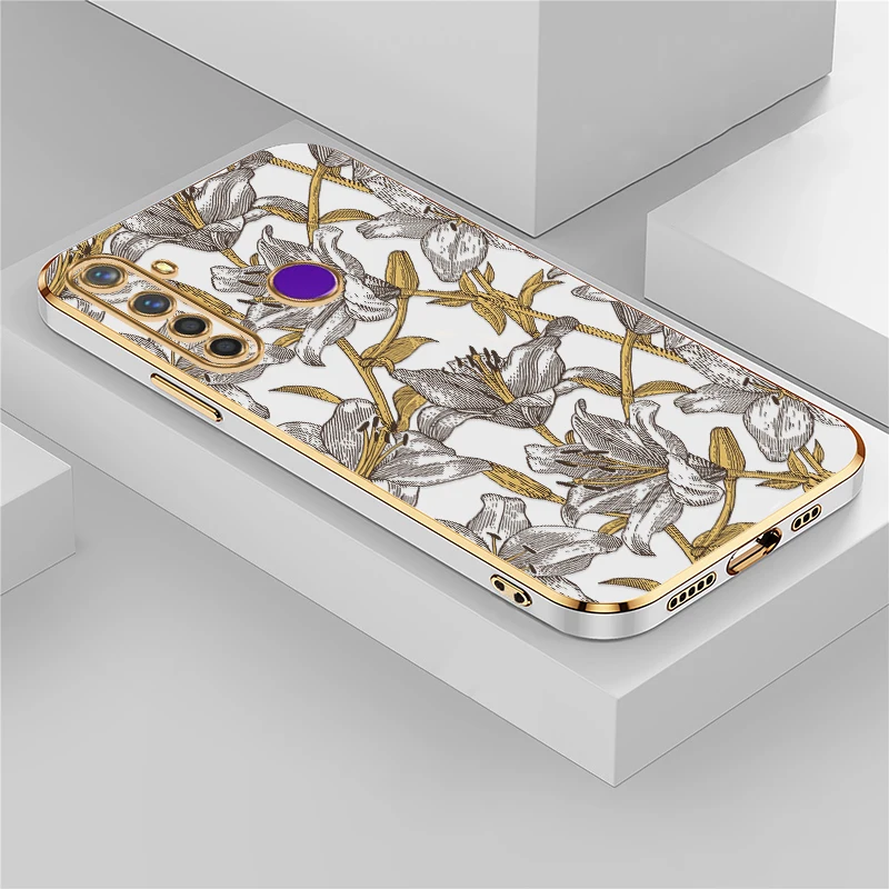 Funda de teléfono con patrón de flores para OPPO Realme V25 V13 V5 Q5 Q3i Note 60 GT Neo 3 2 Pro X7 Pro cubierta protectora de lente chapada