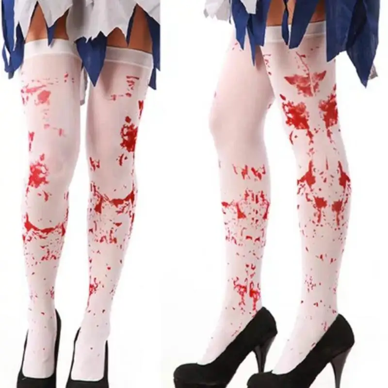 

1Pair Women Halloween Socks Bloodstain Bone Stockings Elastic Black White Socks Party Horror Apparel for Girls