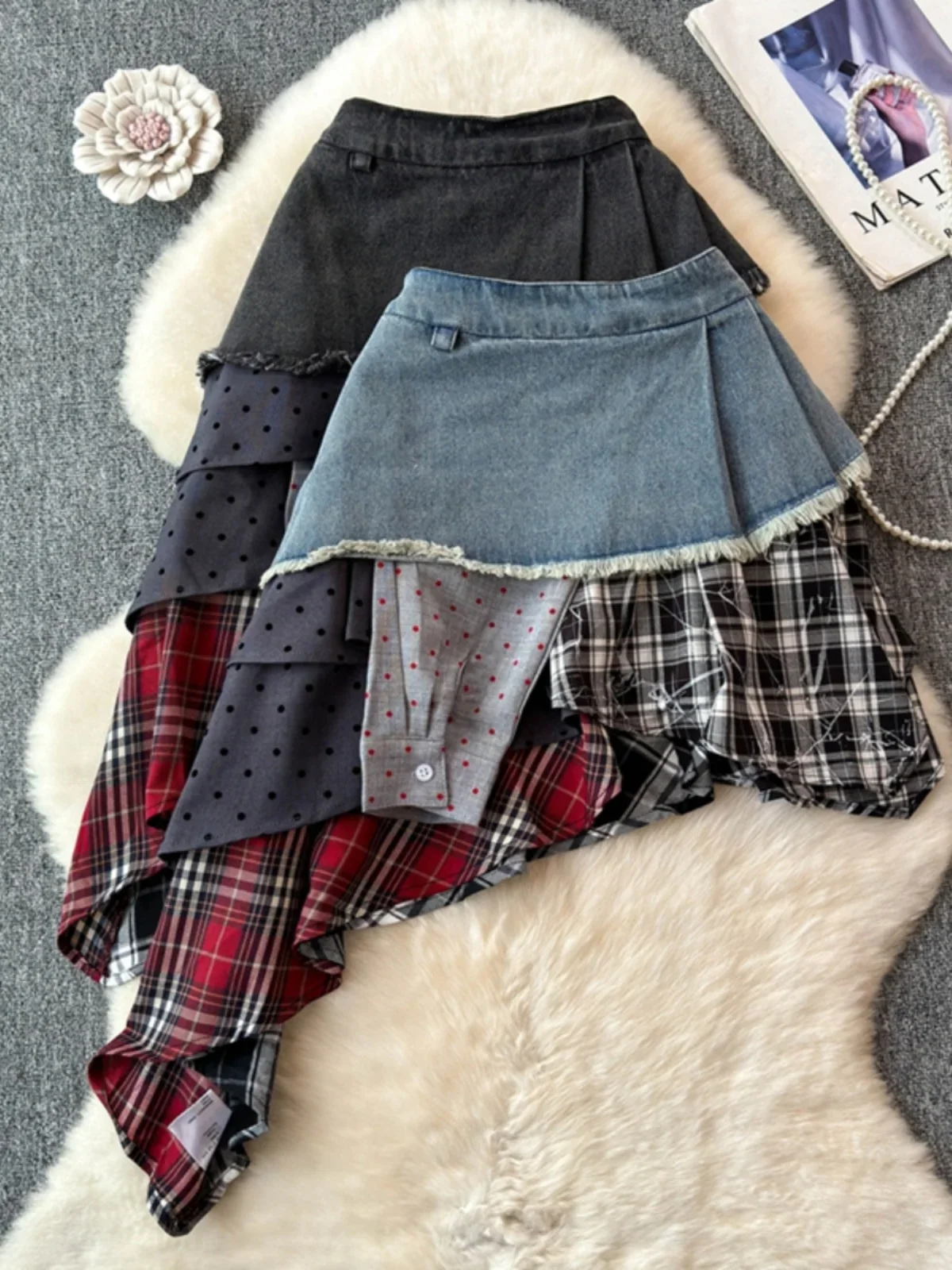 SuperAen Wasteland Style Grid Splicing Denim Short Skirt 2024 Summer Irregular Style Retro Skirt