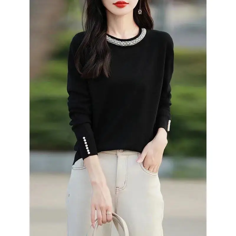 Office Lady Women's Clothing Solid Color Long Sleeve Sweater Knitted Pullover Round Neck Autumn Winter Embroidered Flares Tops