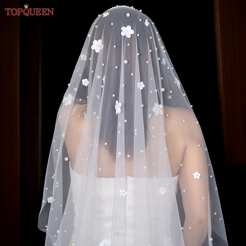 TOPQUEEN-velos de novia con cuentas de perlas, con peine velo de novia, flor 3D, 1 capa, blanco roto, Blanco dramático, marfil, V245